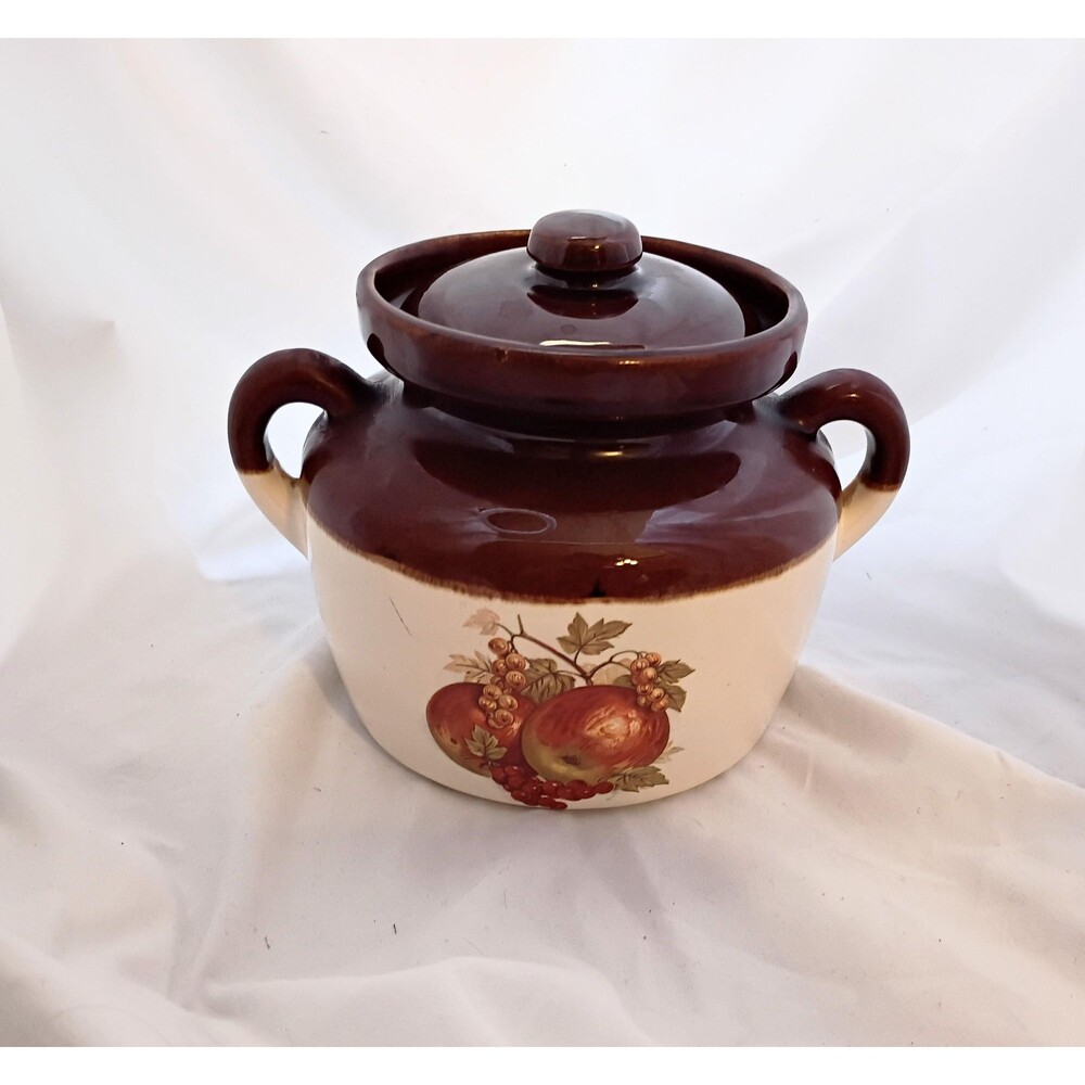 McCoy Brown and Cream Bean Pot with Lid - Grapes and Apples